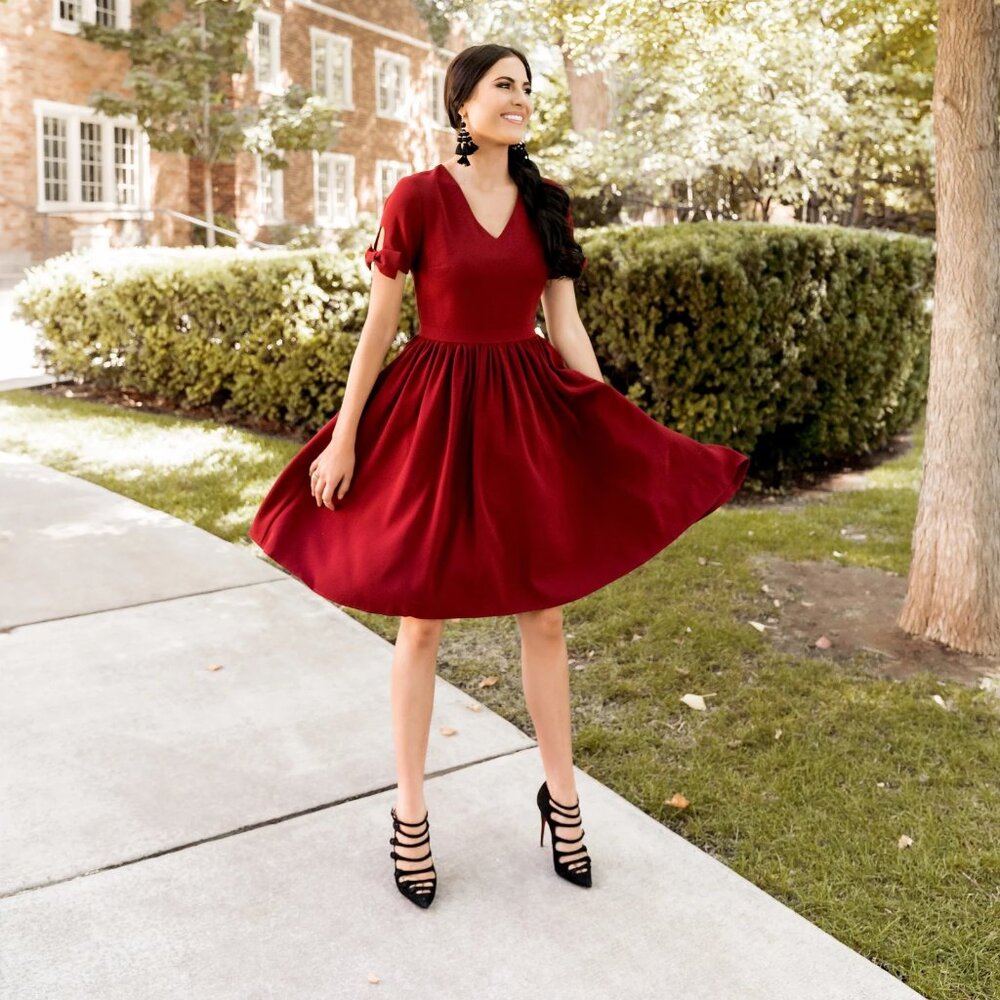 RACHEL PARCELL Fit & Flare Bow Sleeve Dress in Cranberry Size Large